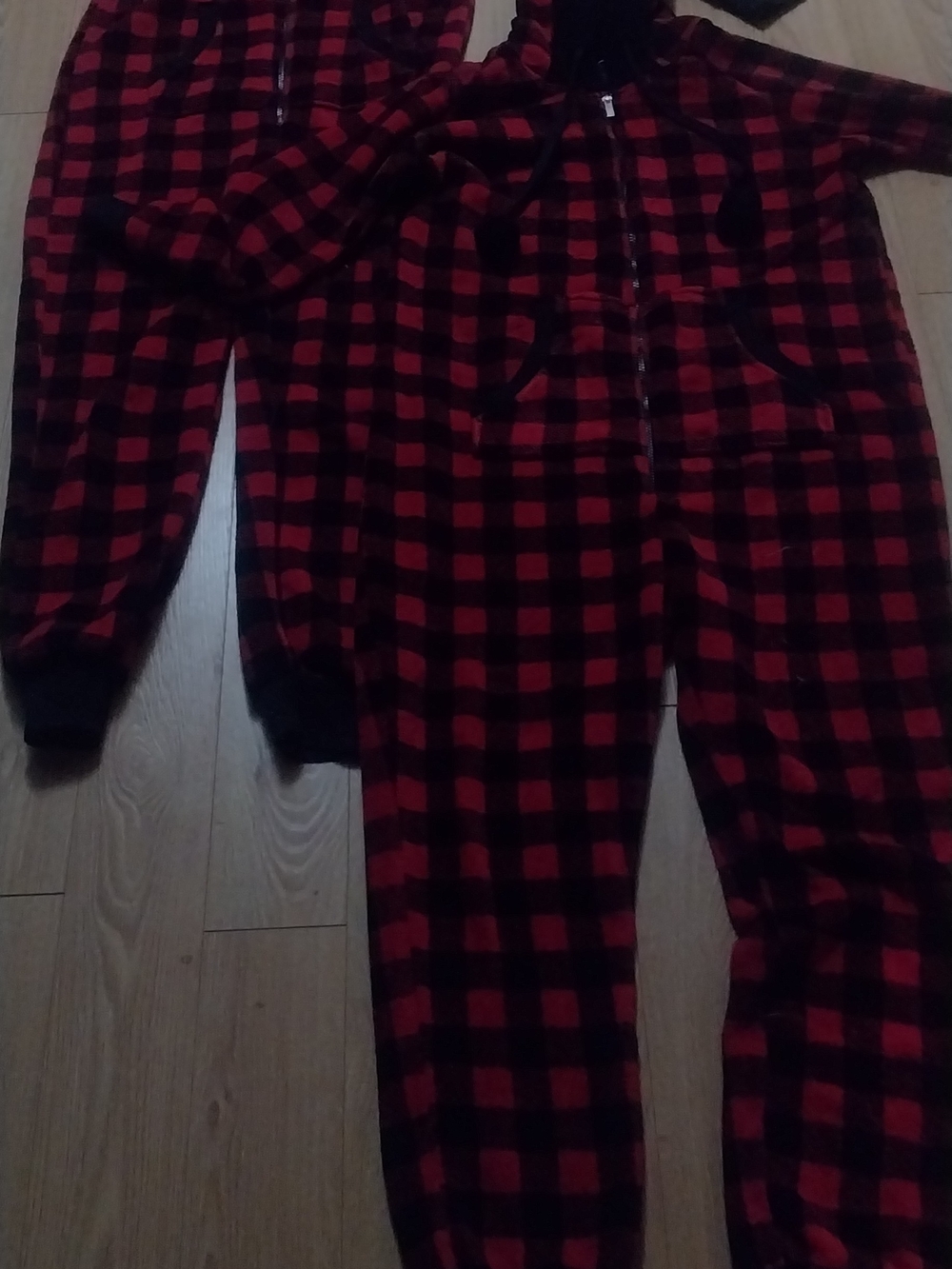 His And hers La Vie En Rose Red and Black Plaid Kids Hooded Pajama Onesies